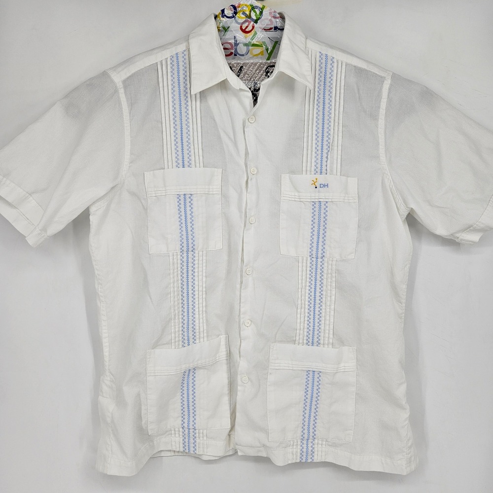 Dos Carolinas Guayabera Mens XL White Blue Elegant Pleats Short Sleeve Button Up